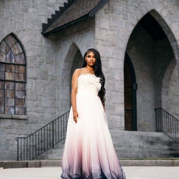 Mac Duggal 20557 STRAPLESS TULLE GOWN WITH FEATHER ACCENTS IN PINK OMBRE NWT - Picture 5 of 11